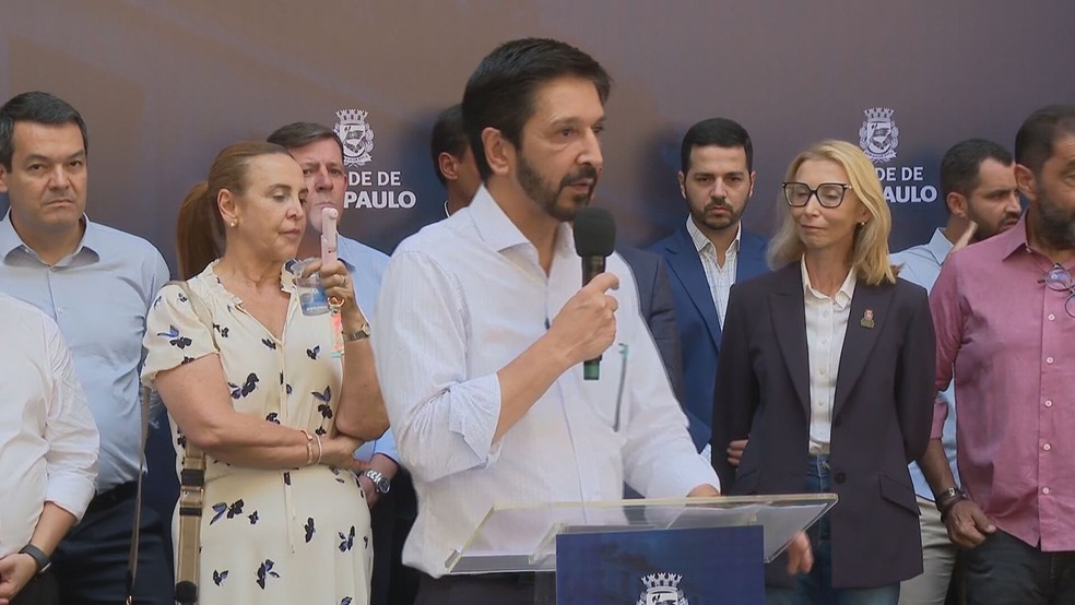 O prefeito de São Paulo, Ricardo Nunes (MDB), durante reinauguração do Mercadão de SP, nesta segunda-feira (20). — Foto: Reprodução/TV Globo