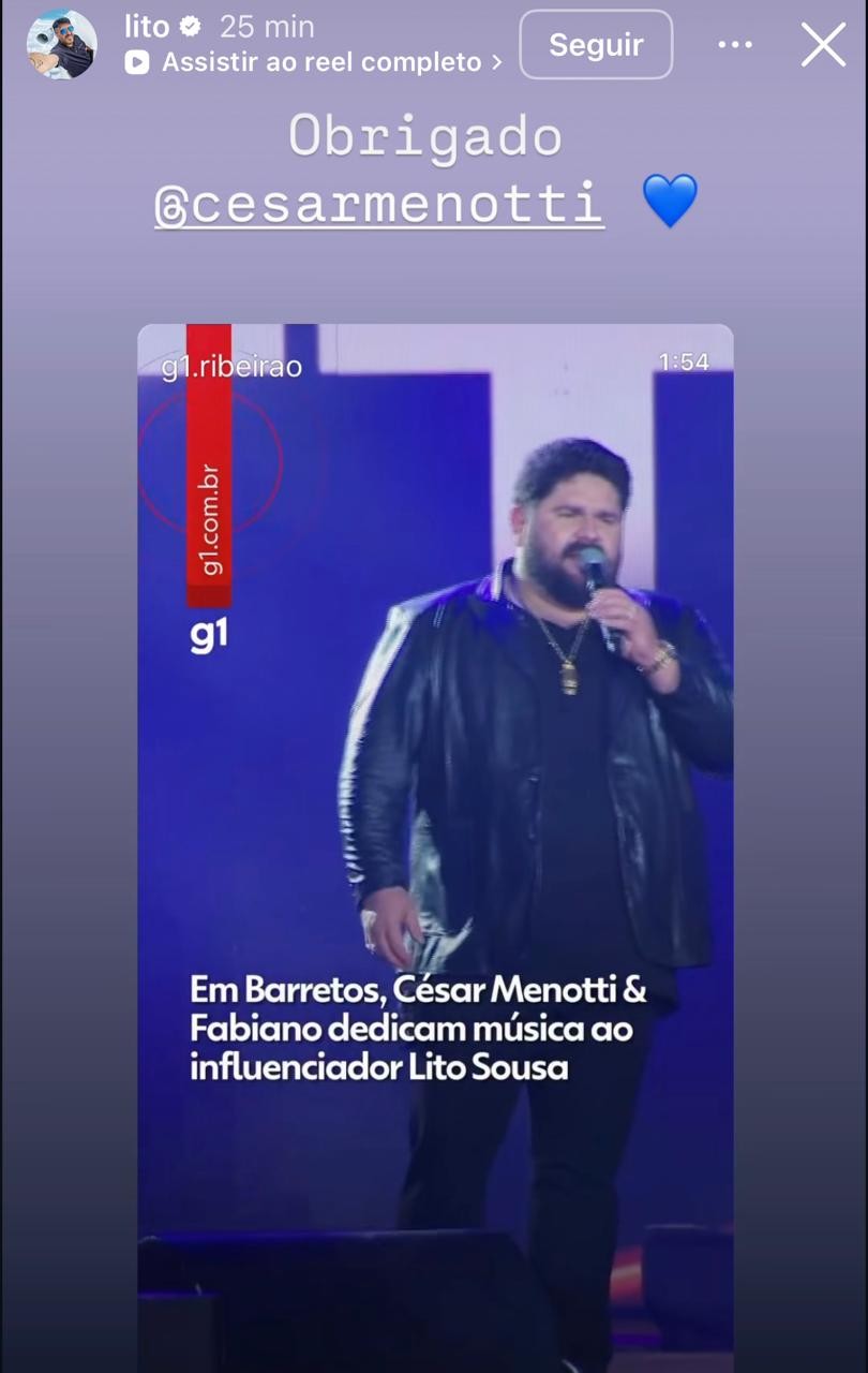 Lito Sousa agradece mensagem do sertanejo César Menotti durante show na arena da Festa do Peão de Barretos