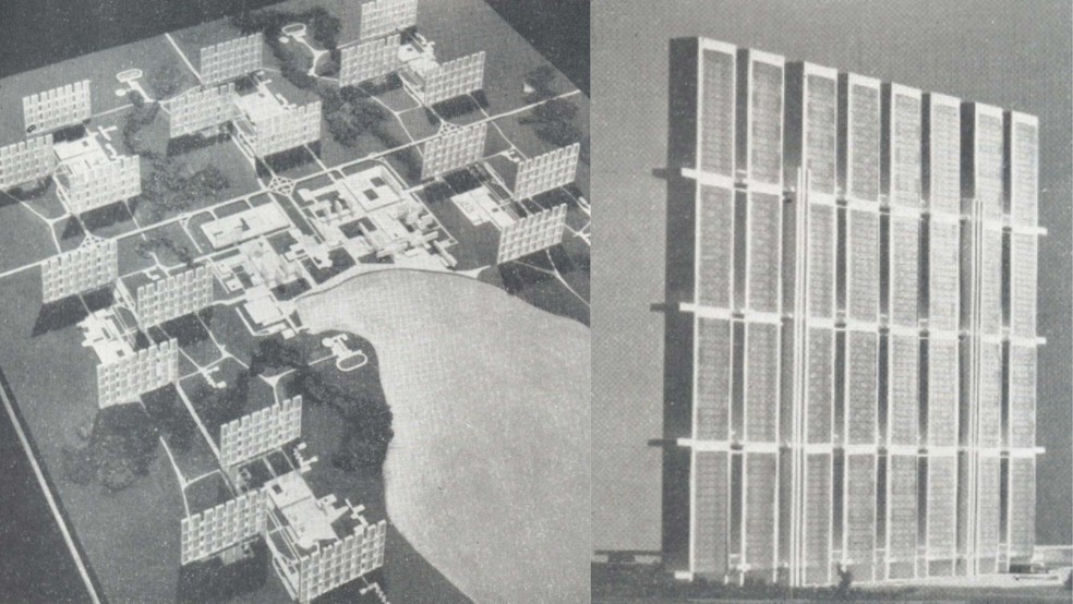 A proposta de Rino Levi apresentava "superblocos" de habitação. — Foto: Revista Brasília/Arquivo Público do DF