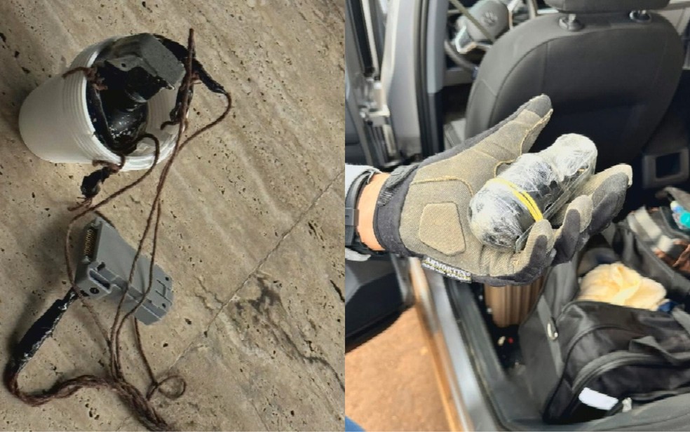 Granada e equipamentos apreendidos pela polícia: segundo a investigação, o mesmo tipo de artefato explosivo usado na tentativa de ataque foi encontrado dentro do carro dos suspeitos no momento da prisão, em Mato Grosso — Foto: Reprodução/TV Anhanguera