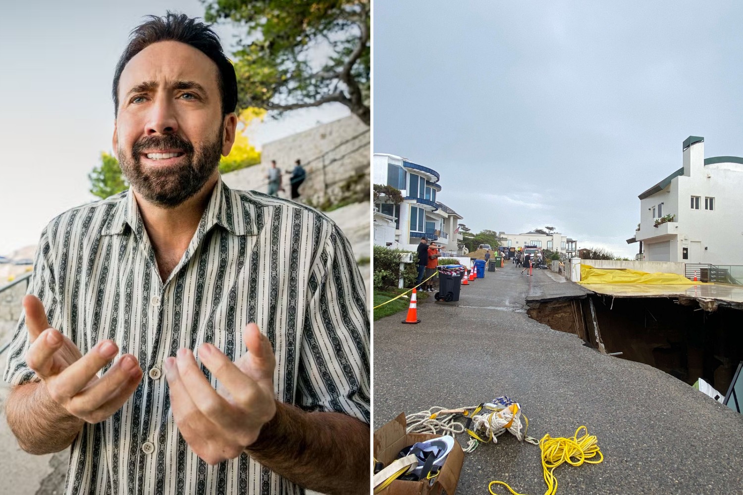 Entrada de mansão de Nicolas Cage desaba e abre cratera gigante em Malibu