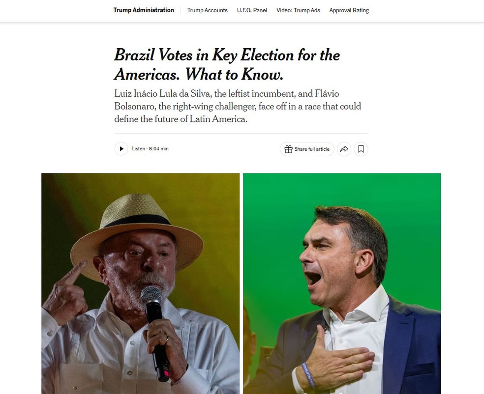 Reportagem do NYT sobre as eleições brasileiras — Foto: Reprodução