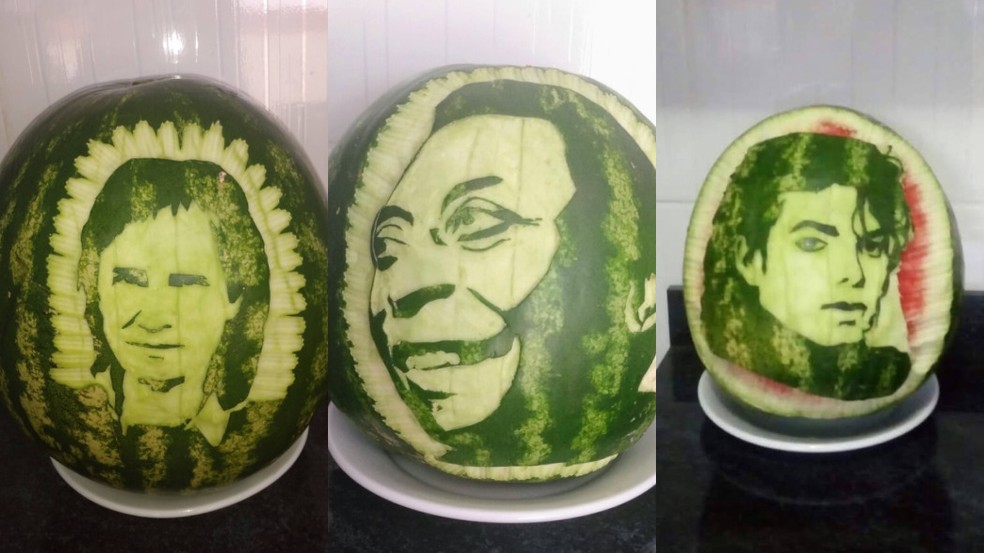 Moradora de Sorocaba (SP) utiliza melancias para esculpir rostos de famosos — Foto: Arquivo pessoal