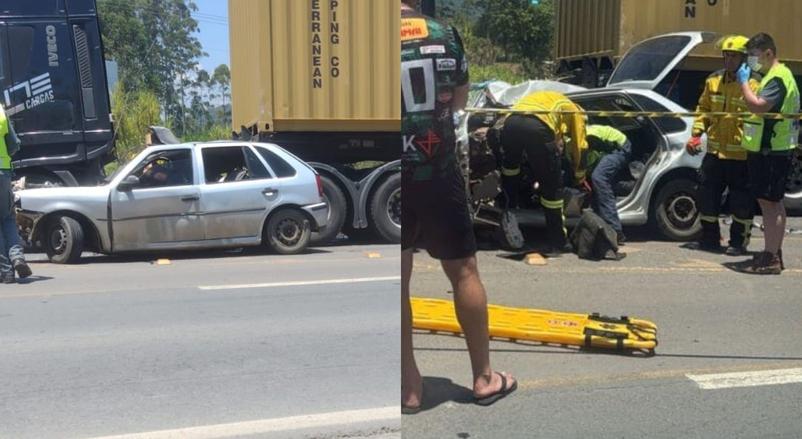 Carro bate de frente com carreta e duas pessoas morrem na BR-470, em SC