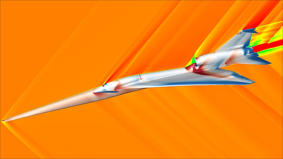 Simulação do X-59 em voo supersônico mostra como a aeronave foi projetada para transformar o estrondo sônico em um som suave, quase imperceptível no solo. Na imagem, as cores representam a pressão do ar: azul para áreas mais baixas e vermelho para regiões de maior intensidade. — Foto: NASA/James C. Jensen