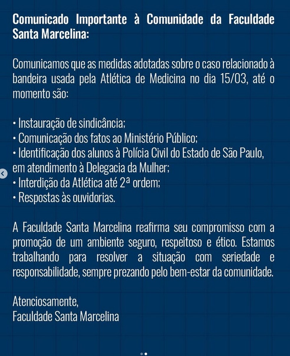 Post da Faculdade Santa Marcelina — Foto: Reprodução/Instagram
