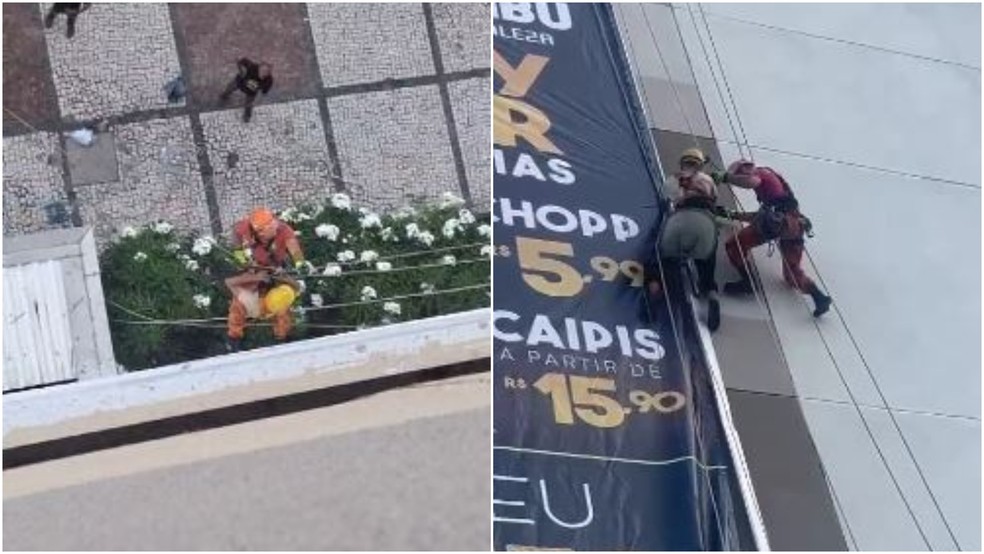 Bombeiros resgatam funcionário que ficou preso a 12 metros de altura em fachada de shopping em Fortaleza. — Foto: Reprodução