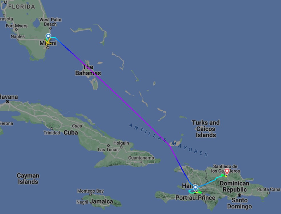 Registro do site FlightRadar24 mostra que aeronave da Spirit Airlines que teria de pousar em Porto Príncipe circulou a capital haitiana e depois seguiu para a República Dominicana, em 11 de novembro de 2024. — Foto: Reprodução/ FlightRadar24