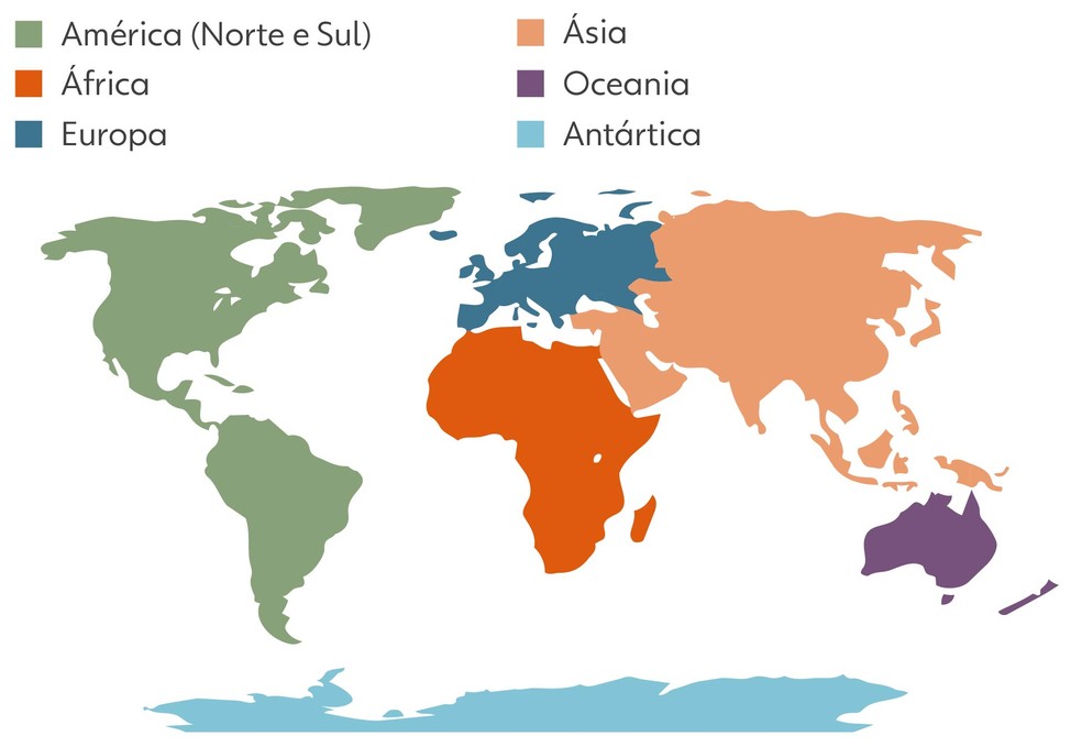Mapa-Múndi com 6 continentes (padrão América Latina). — Foto: Arte: Kayan Albertin/Juan Silva/g1