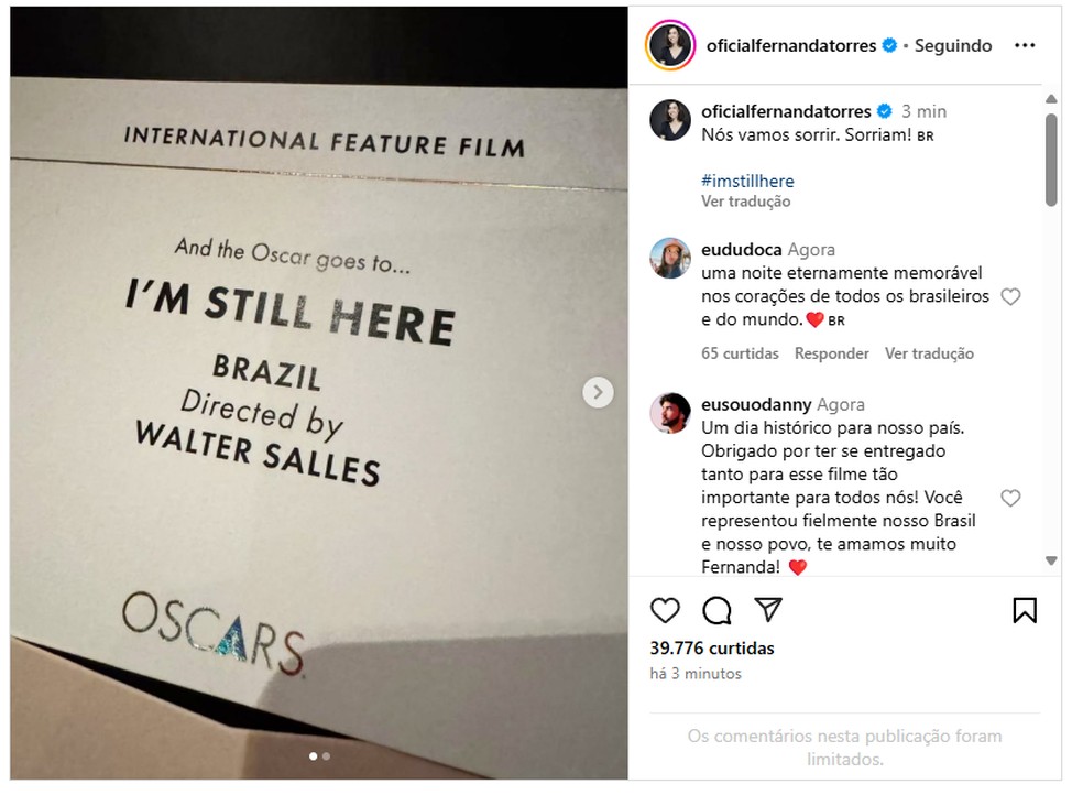 'Nós vamos sorrir', comemora Fernanda Torres após conquista de 'Ainda estou aqui' no Oscar — Foto: Reprodução/Instagram