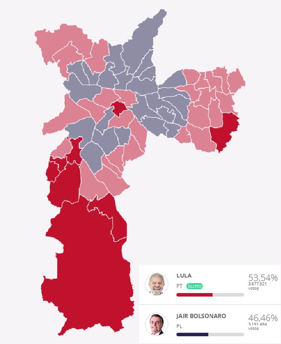 Mapa de zonas eleitorais conquistadas por Lula e Bolsonaro em 2022 — Foto: Reprodução g1