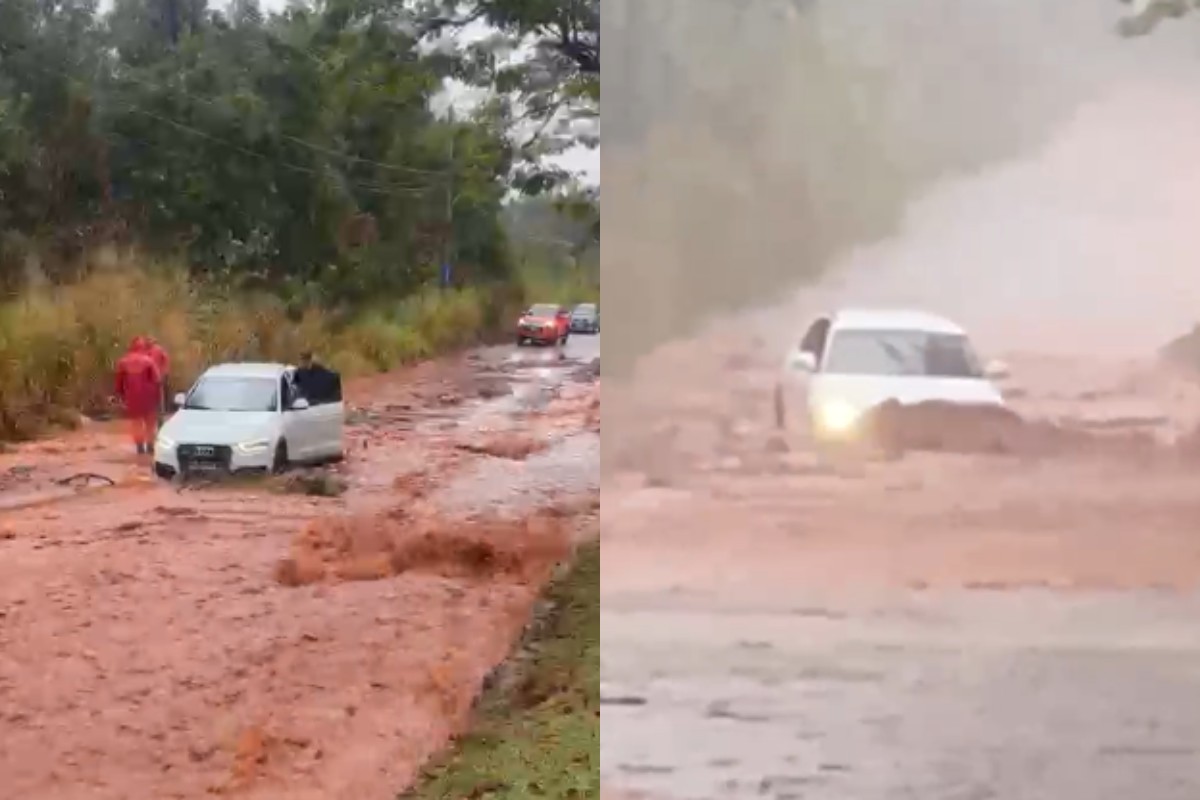 Carro de luxo fica atolado em lamaçal durante temporal em Campo Grande