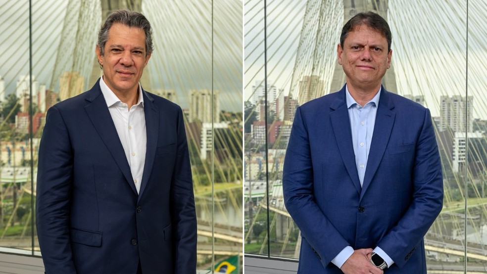 Fernando Haddad (esq.) e Tarcísio de Freitas (dir.) durante sabatina no SP1 — Foto: Reprodução