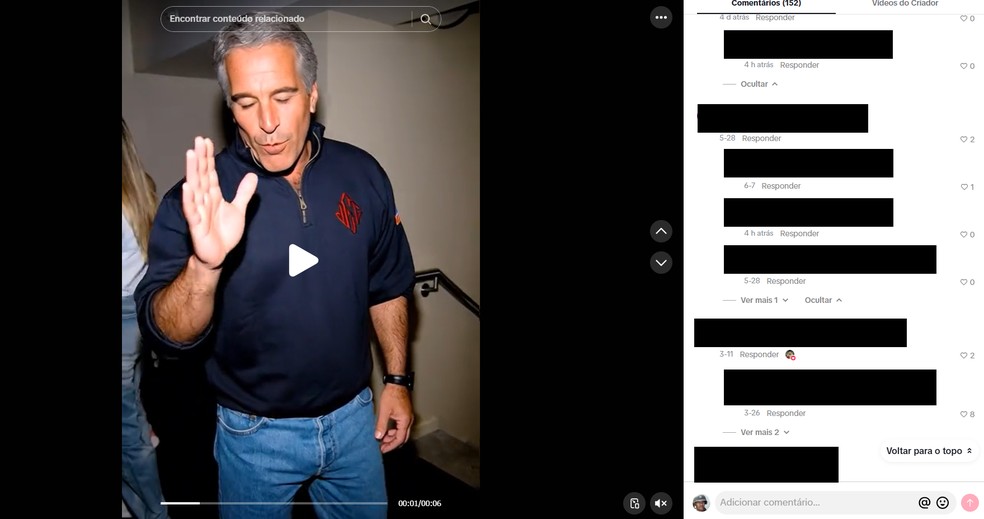Vídeo de IA do bilionário Jeffrey Epstein com vários comentários de divulgação de links e canal no Telegram para acessar conteúdo de abuso sexual infantil. — Foto: Reprodução/TikTok