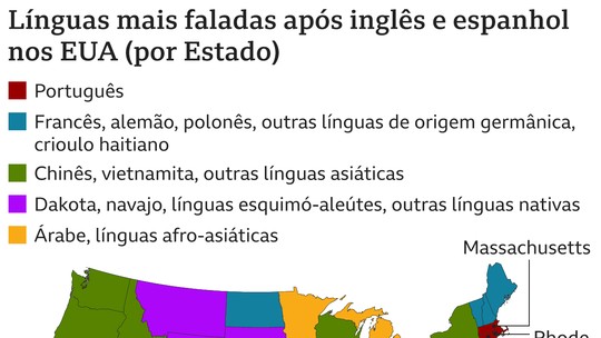 O mapa que mostra os 3 Estados dos EUA onde o português é a língua