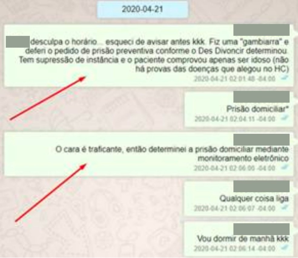 Trocas de mensagens obtidas pelo CNJ entre assessores de desembargador punido por soltar chefe de facÃ§Ã£o. â Foto: ReproduÃ§Ã£o