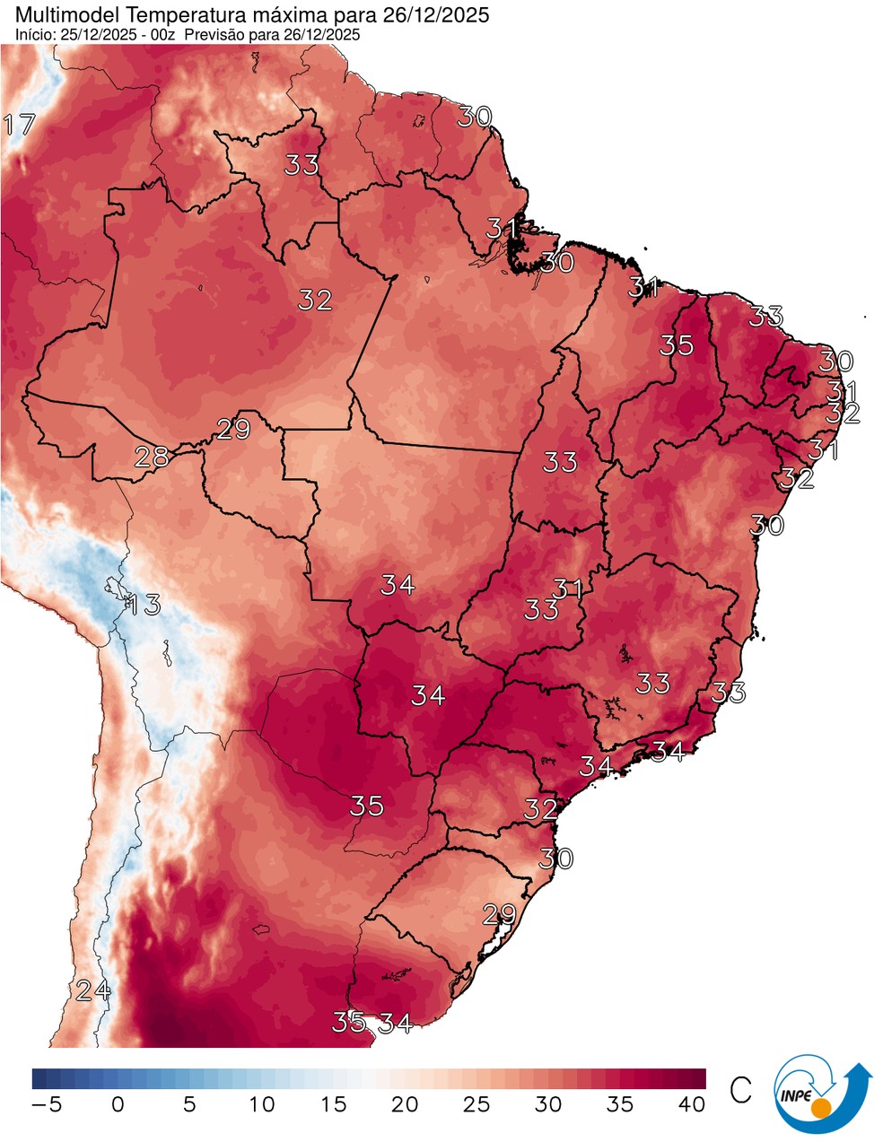 Mapa mostra previsão de temperatura máxima para esta sexta (26). — Foto: CPTEC/Inpe