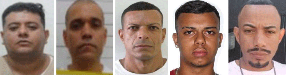 Jefferson Santana ('Proibido'); Diego Lima (Lima); Wellison Almeida ('Corinthinha'); Victor Silva ('Falcão'); e Sergio Silva ('Messi') estão presos por tráfico — Foto: Reprodução