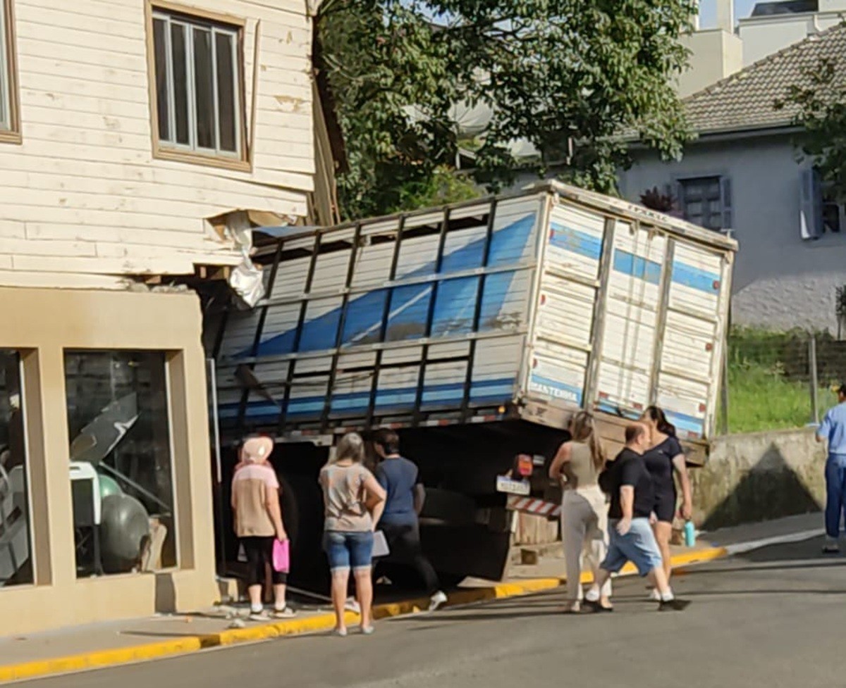 Caminhão com bois perde freios e atinge academia em SC; VÍDEO