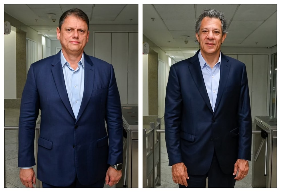 Tarcísio de Freitas (Republicanos) e Fernando Haddad (PT) disputam pela 2ª vez o cargo de governador de SP neste domingo (4). — Foto: Montagem/g1/Divulgação/TV Globo