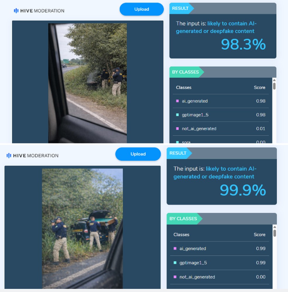 HiveModeration aponta uso de IA nas imagens. — Foto: Reprodução