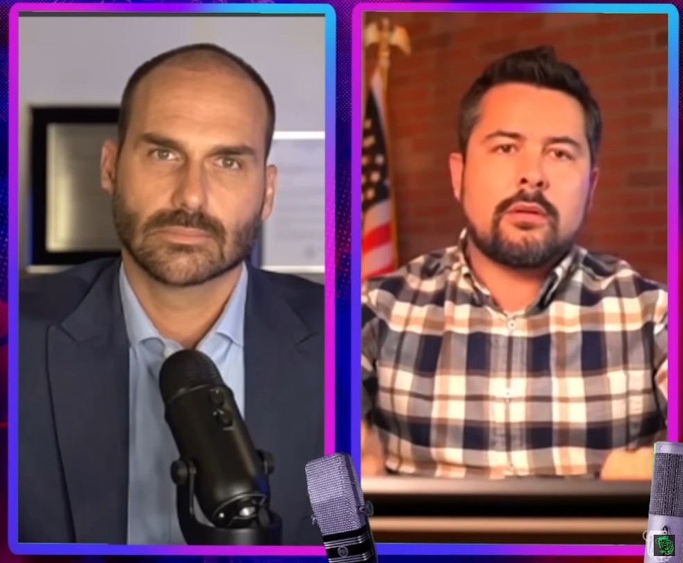 Eduardo Bolsonaro e Paulo Figueiredo em entrevista ao podcast Inteligência Ltda — Foto: Reprodução/YouTube