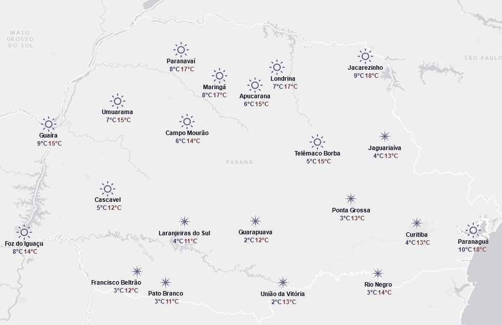 Previsão do tempo do Simepar para este sábado, 9 de agosto — Foto: Reprodução/Simepar
