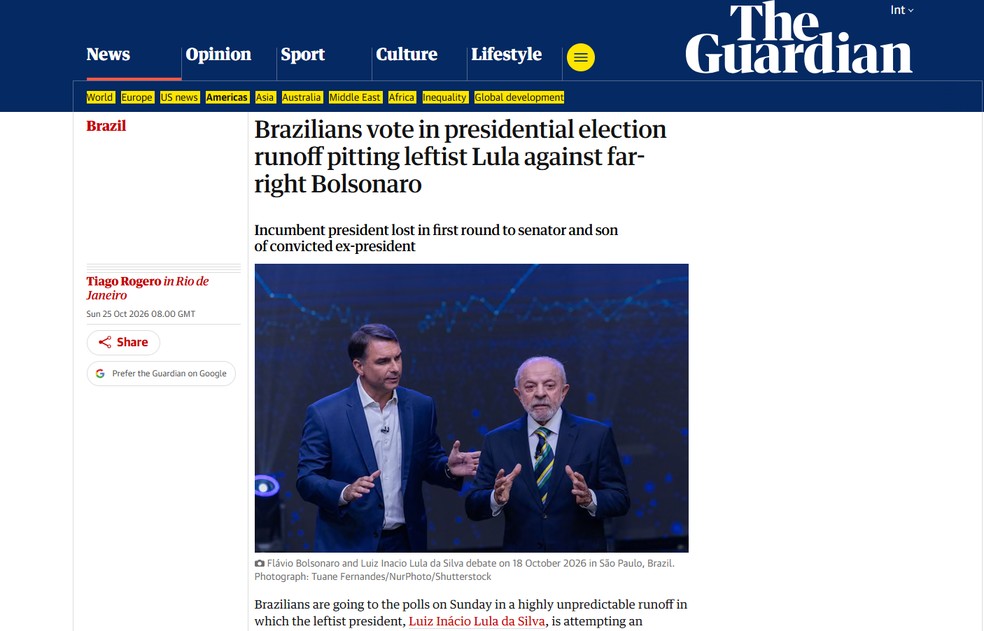 Reportagem do jornal The Guardian, do Reino Unido, sobre a votação no 2º turno das eleições presidenciais brasileiras em 25 de outubro de 2026. — Foto: Reprodução/The Guardian