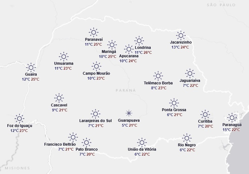 Previsão do tempo do Simepar para terça-feira, 23 de setembro — Foto: Reprodução/Simepar