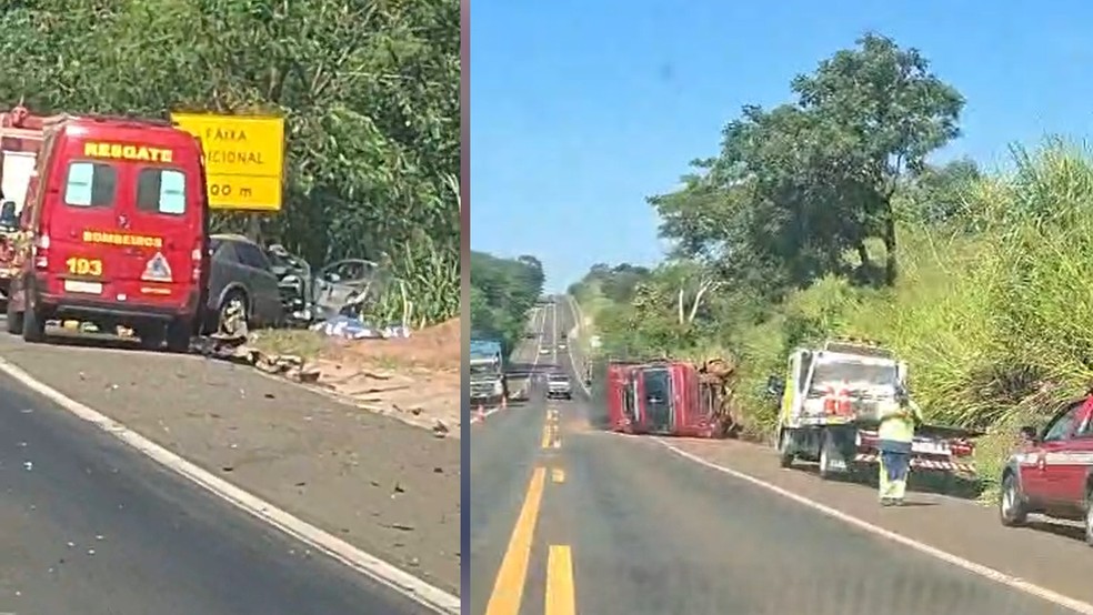Carro invadiu pista contr&aacute;ria e bateu de frente em caminh&atilde;o, na rodovia P&eacute;ricles Bellini (SP-461), em Nhandeara (SP), no s&aacute;bado (25) &mdash; Foto: Fotos: Votu News
