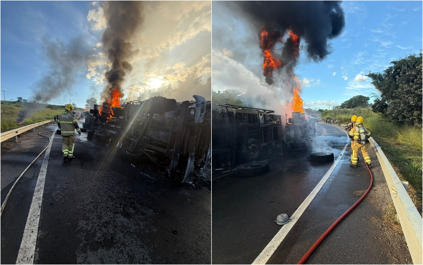 Motorista perde o controle na curva, tomba carreta e veículo pega fogo na MGC-491