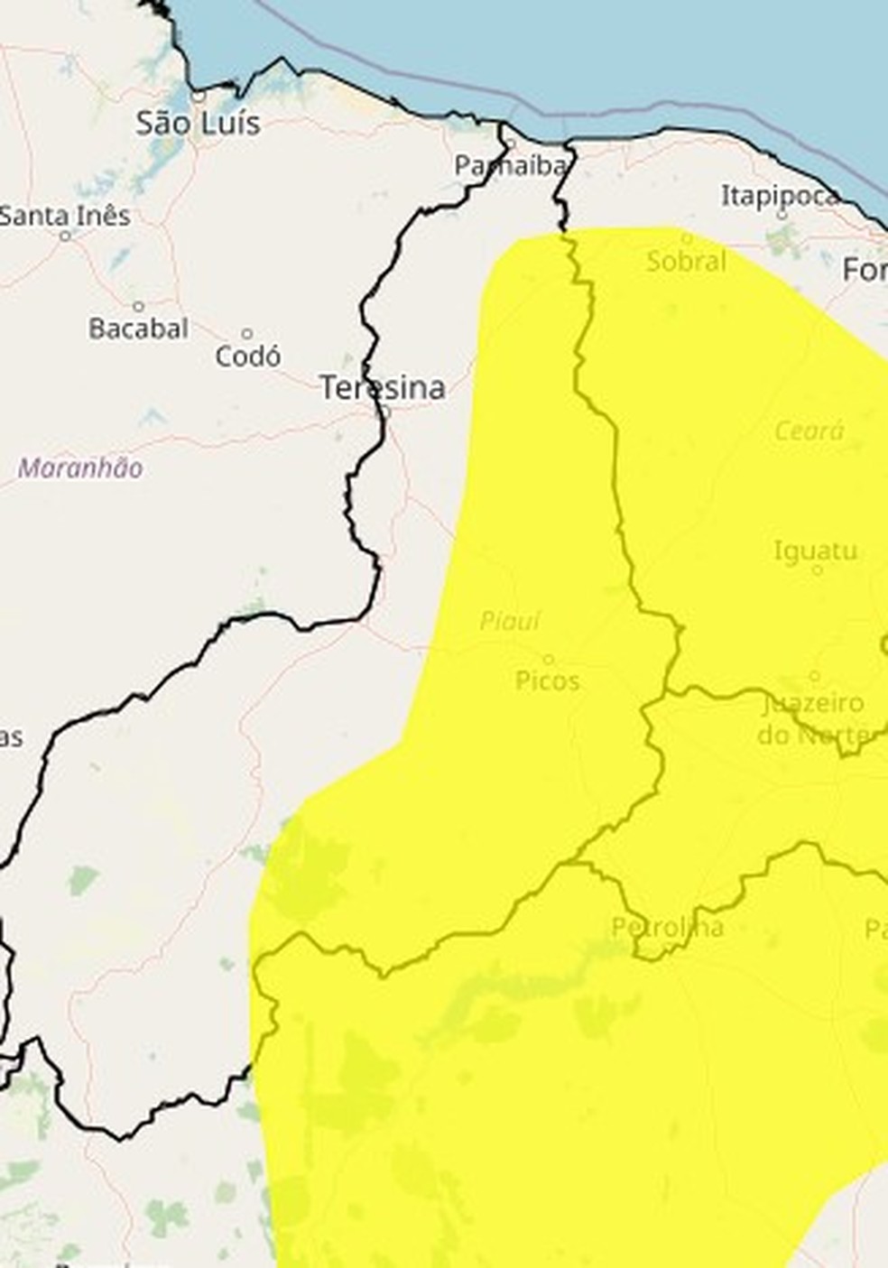 Alerta amarelo atinge mais de 100 municípios no Piauí — Foto: Inmet