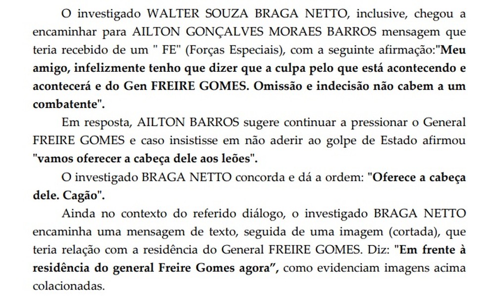 Diálogo em que general Braga Netto oferece a cabeça do comandante do Exército, que não aderiu ao golpe — Foto: Reprodução
