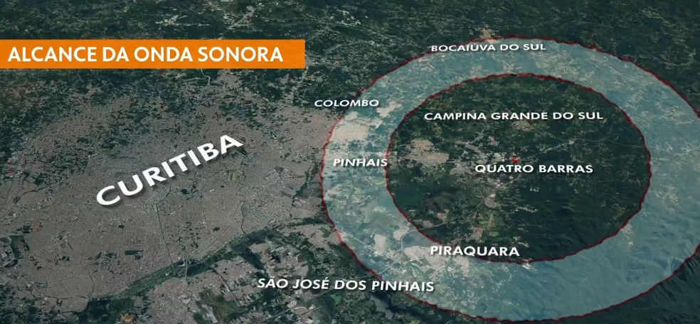 Alcance da onda sonora da explosão na Grande Curitiba — Foto: Arte/RPC
