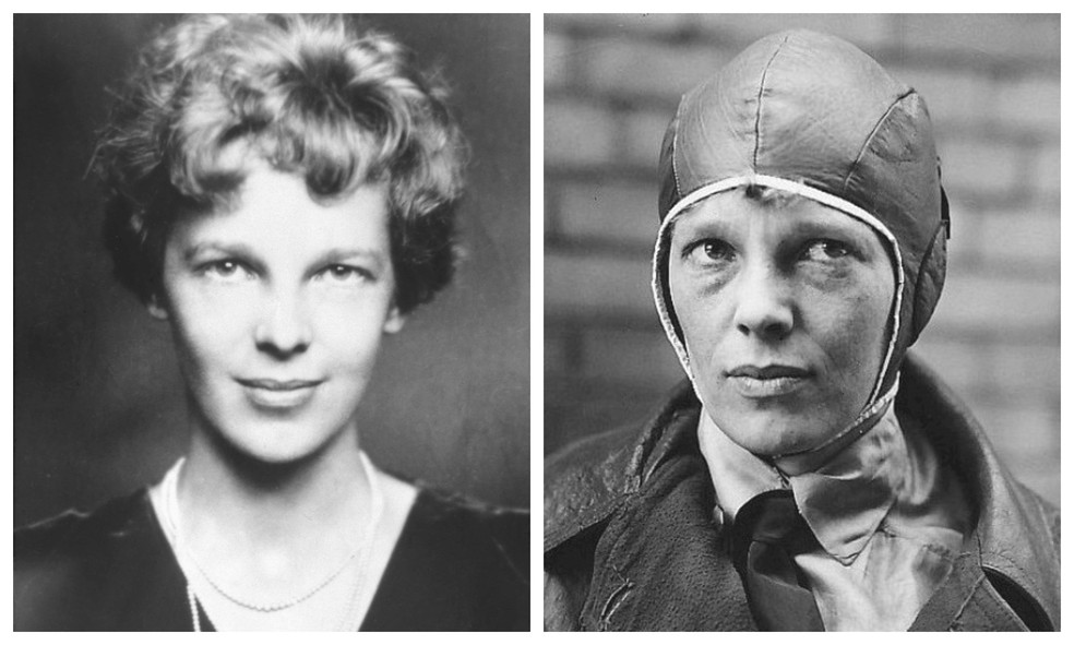 Imagens de Amelia Earhart em um vestido de gala e como aviadora — Foto: Imagens de domnio pblico/Via Wikicommons