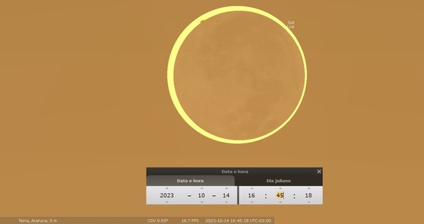 Software replica como vai ser o 'ápice' do eclipse solar anular na cidade de Araruna, na Paraíba — Foto: Reprodução/Sollarium
