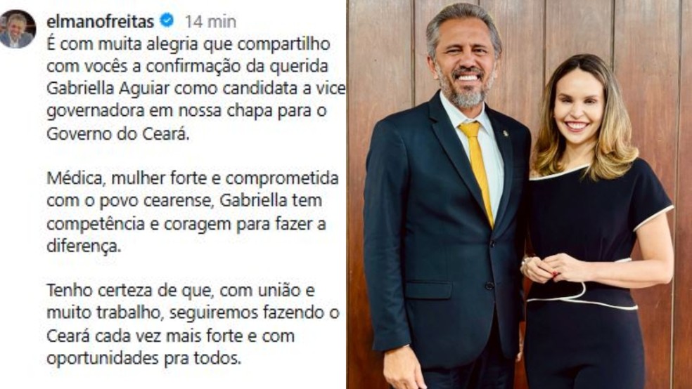 Elmano de Freitas anuncia Gabriella Aguiar como candidata a vice-governadora no Ceará. — Foto: Instagram/ Reprodução