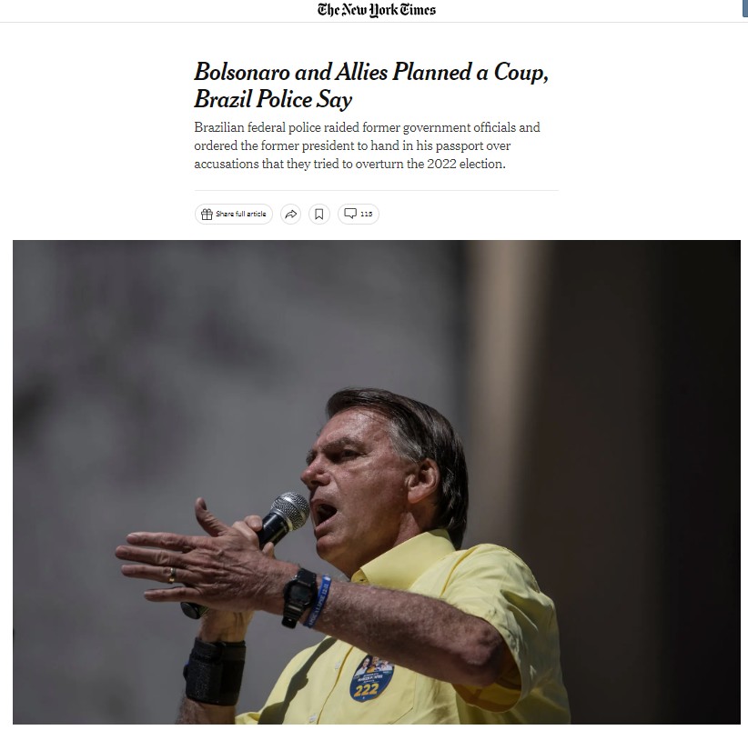 Imprensa internacional repercute operação da PF contra Bolsonaro, militares e ex-ministros de seu governo que investiga tentativa de golpe de Estado