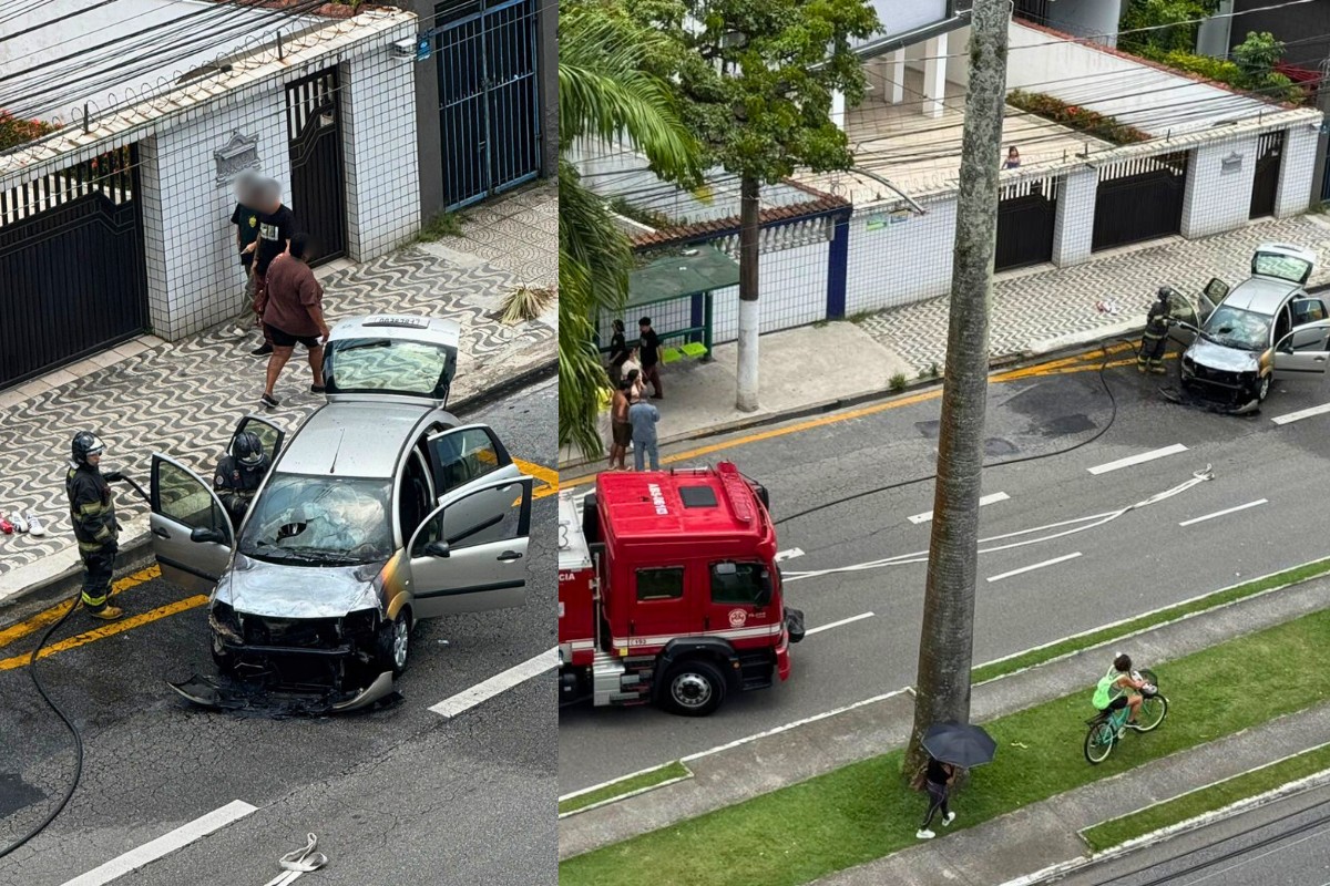 Carro pega fogo em avenida de Santos; VÍDEO