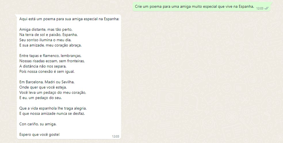 Meta AI pode criar conteúdos textuais — Foto: Reprodução/WhatsApp
