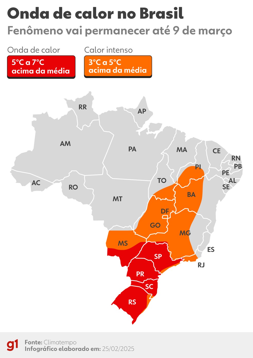 Onda de calor prossegue até 9 de março — Foto: Arte/g1