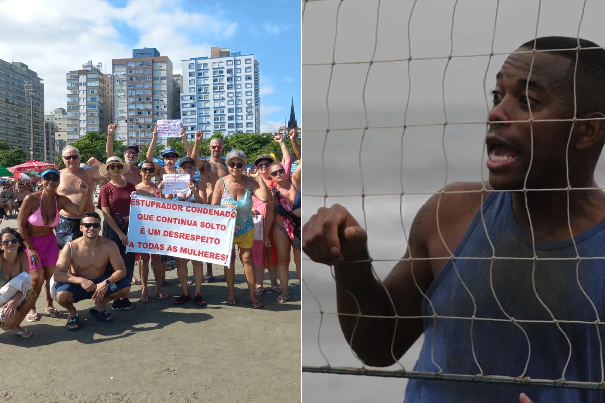 Manifestantes pedem prisão de Robinho em praia onde ex-atleta joga futevôlei no litoral de SP; VÍDEO