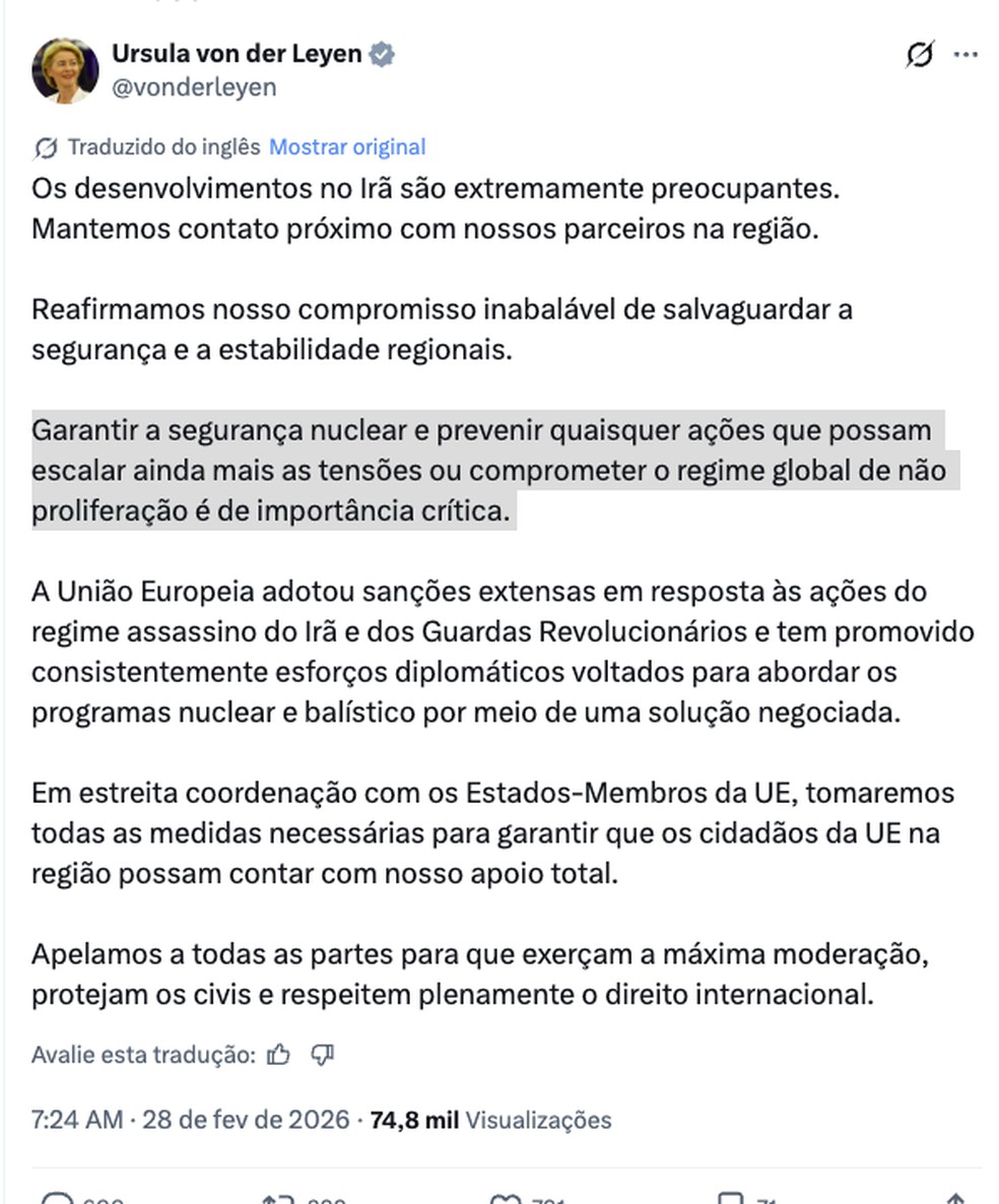 Ursula von der Leyen reage aos ataques no Irã — Foto: Reprodução/X