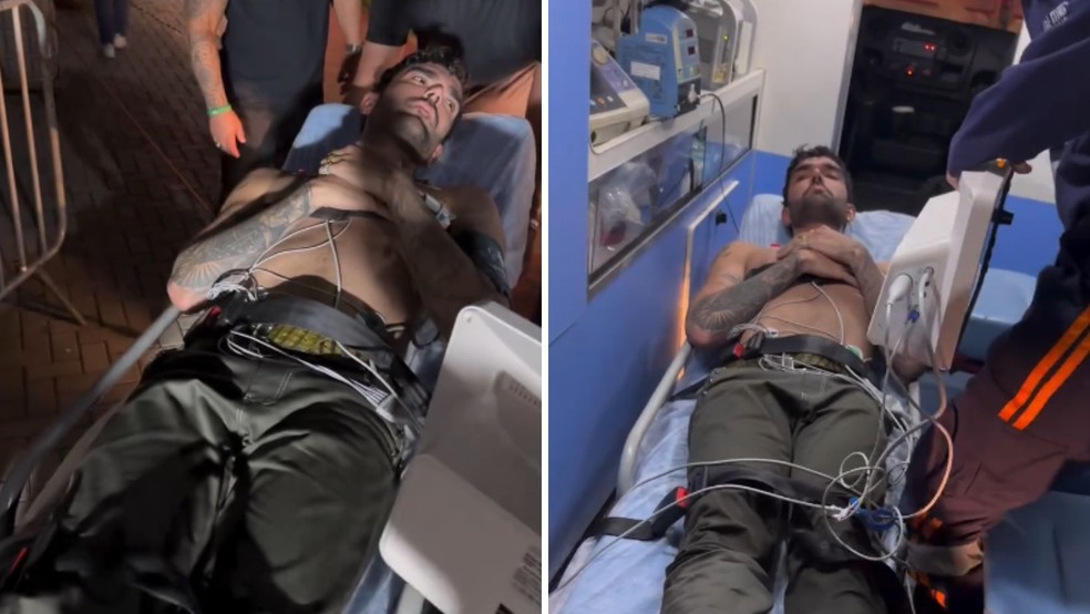 Cantor Luan Pereira é atendido após passar mal em show em São Sebastião. — Foto: Reprodução/Redes Sociais