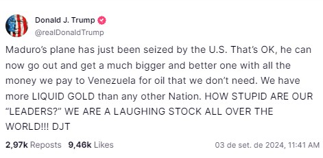 Trump chama democratas de 'estúpidos' após confisco de avião de Maduro