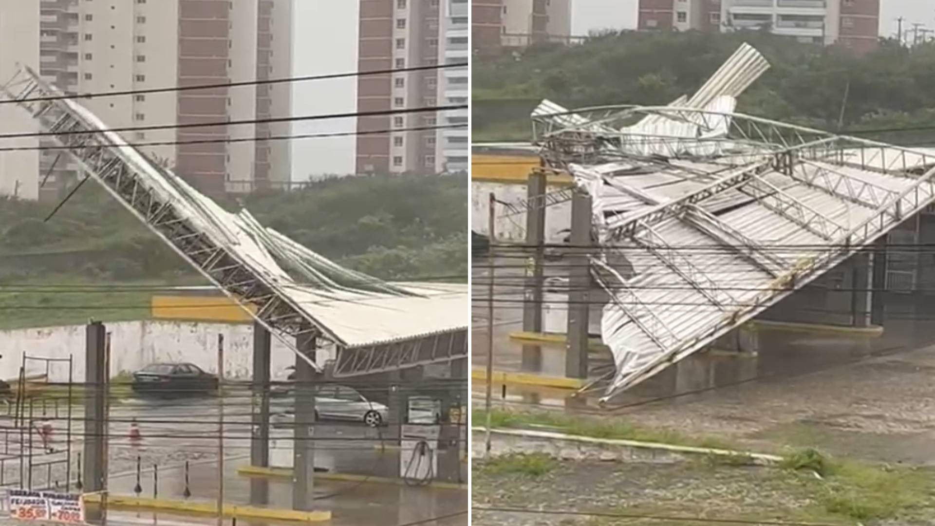 Vídeo: Chuva com ventos fortes causa desabamentos e arranca teto de posto de combustíveis no Ceará