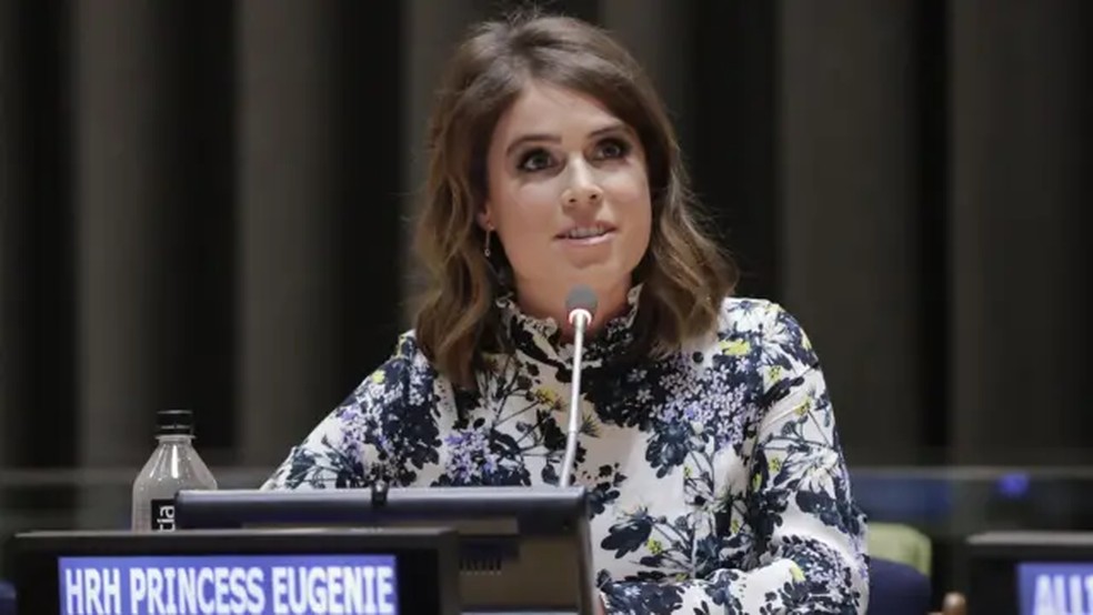 Em seu trabalho filantrópico, a Princesa Eugenie discursou na ONU. — Foto: EuropaNewswire/Gado/Getty Images/BBC