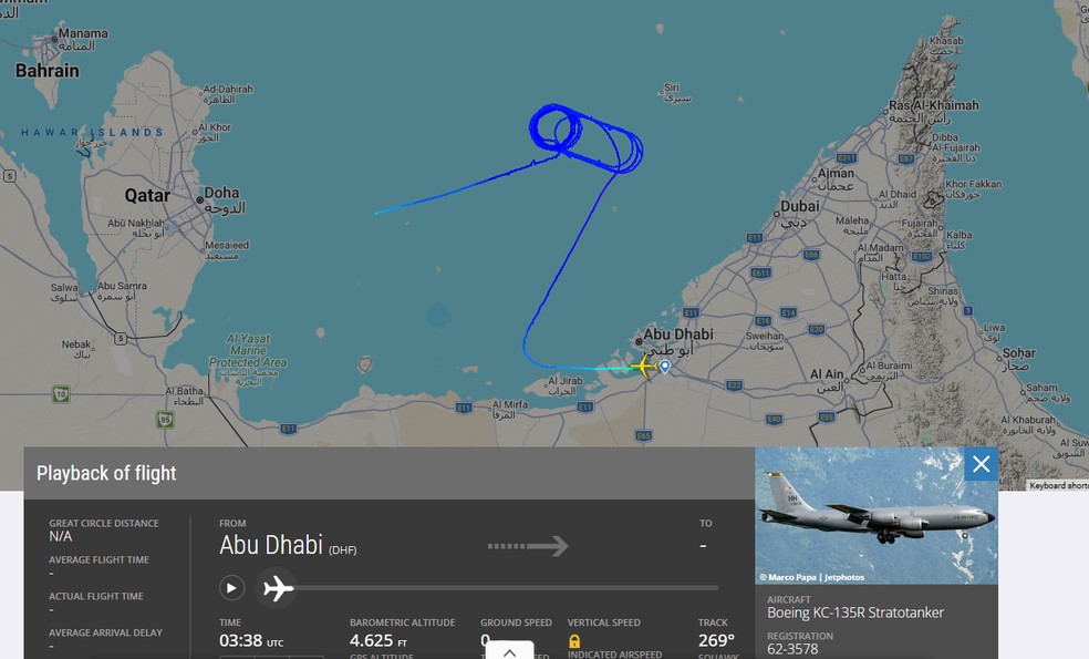 Monitoramento do site FlightRadar24 mostra trajetória de avião-tanque militar dos Estados Unidos, em 5 de maio de 2026. — Foto: Reprodução/ FlightRadar 24