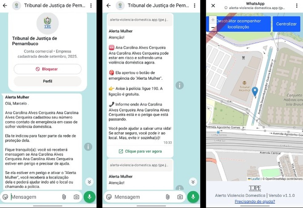O 'Alerta Mulher' envia mensagens automáticas para o WhatsApp de contatos de segurança — Foto: TJPE/Reprodução