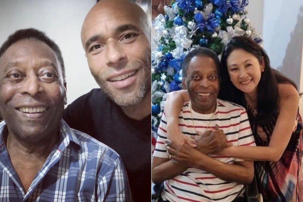 À esquerda, Pelé e o filho Edinho. À direita, ex-jogador com a viúva Márcia Aoki na mansão deixada para ela em testamento — Foto: Reprodução/Instagram